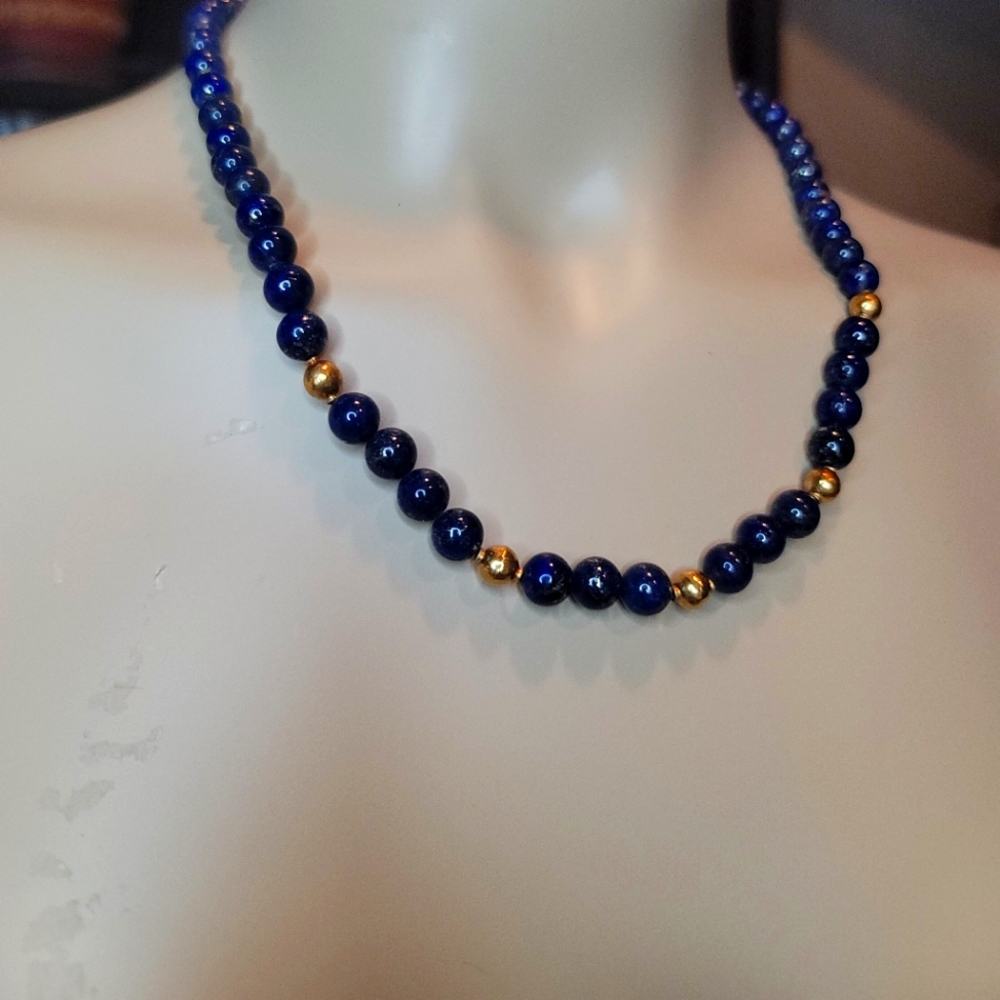 Rich Lustre Egyptian Lapis Lazuli and 18k Gold Beaded necklace from Luxor Egypt.